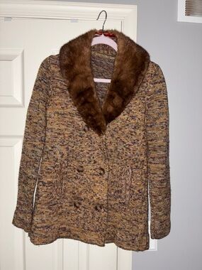 Brown (I believe wool) Cardigan Sweater with Real Mink Collar Size S/M